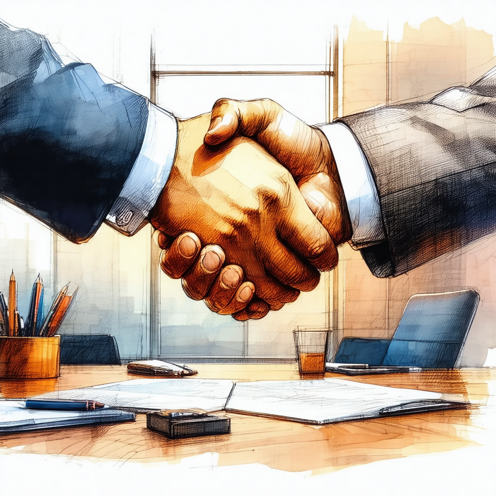 Man and a woman shaking hands in a business setting