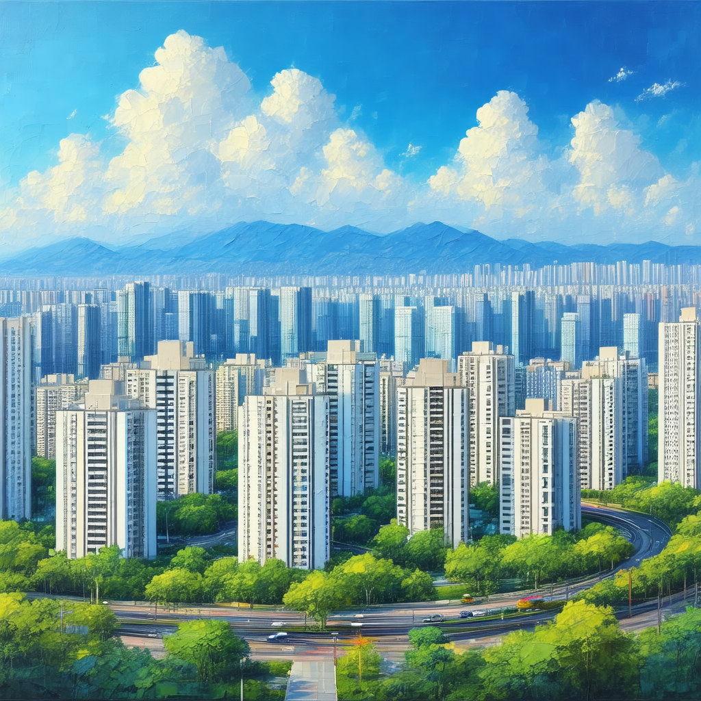 Painting of a cityscape with a large number of skyscrapers