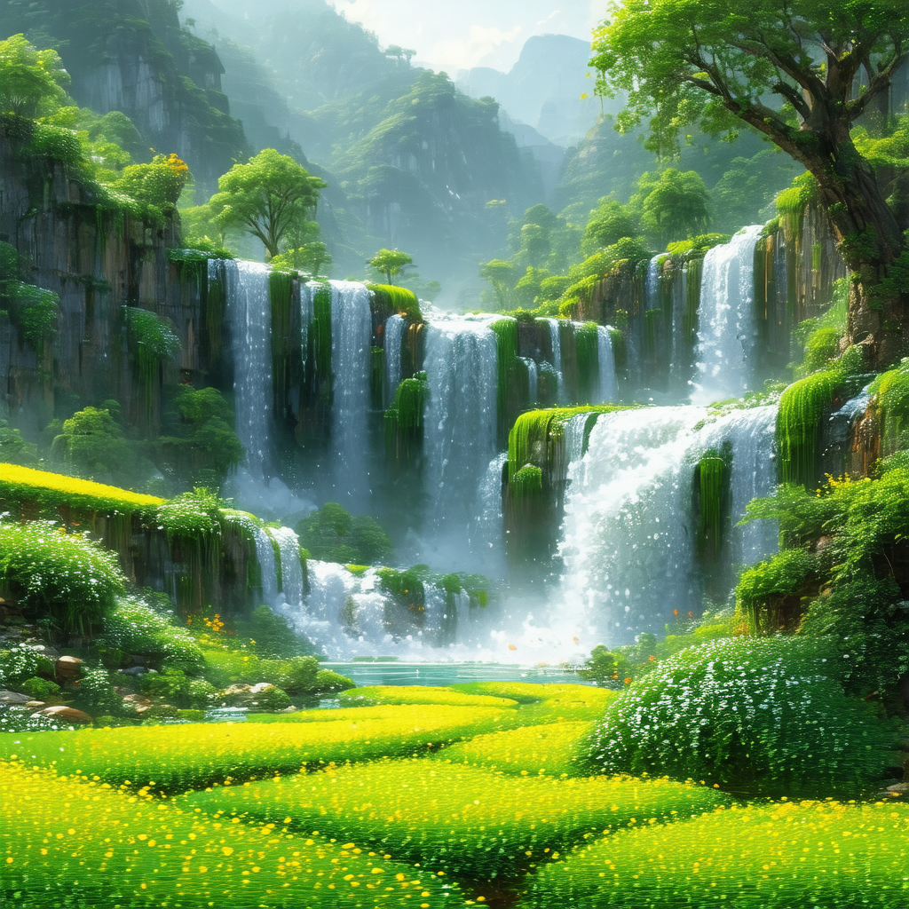 Lush green forest with a waterfall cascading down the sid...