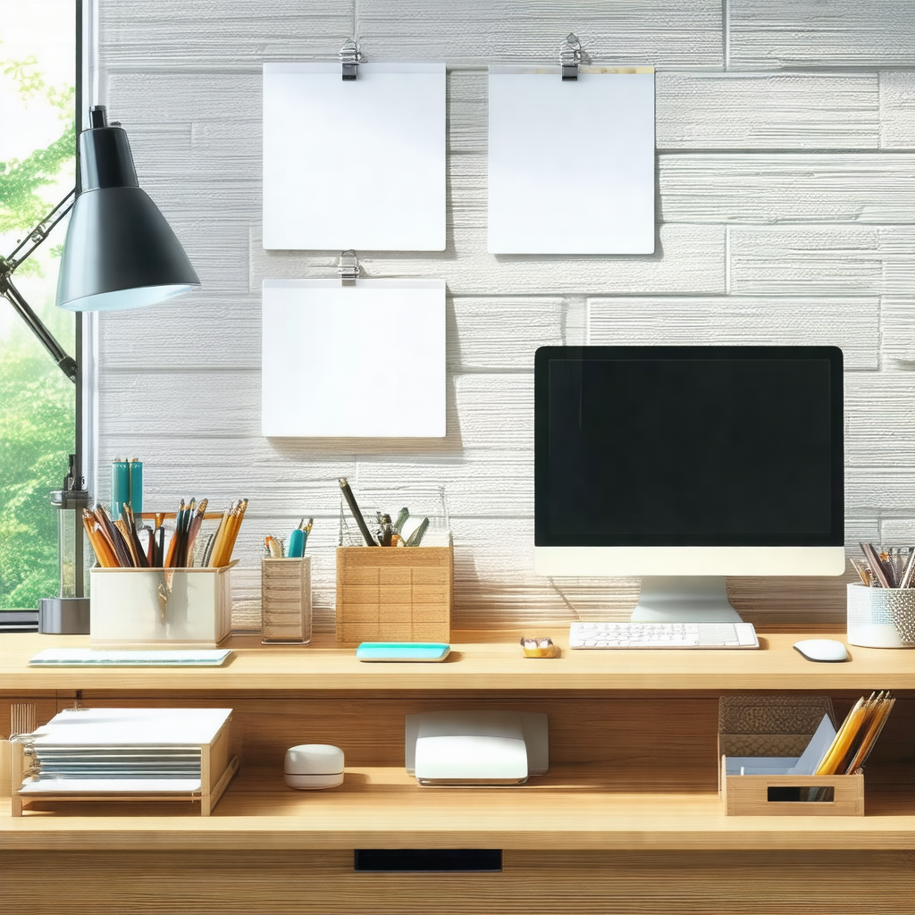 Wooden desk with a computer monitor sitting on top of it