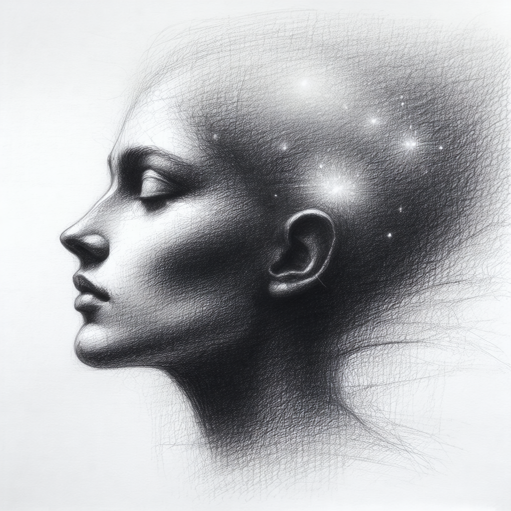 Black and white drawing of a woman's head