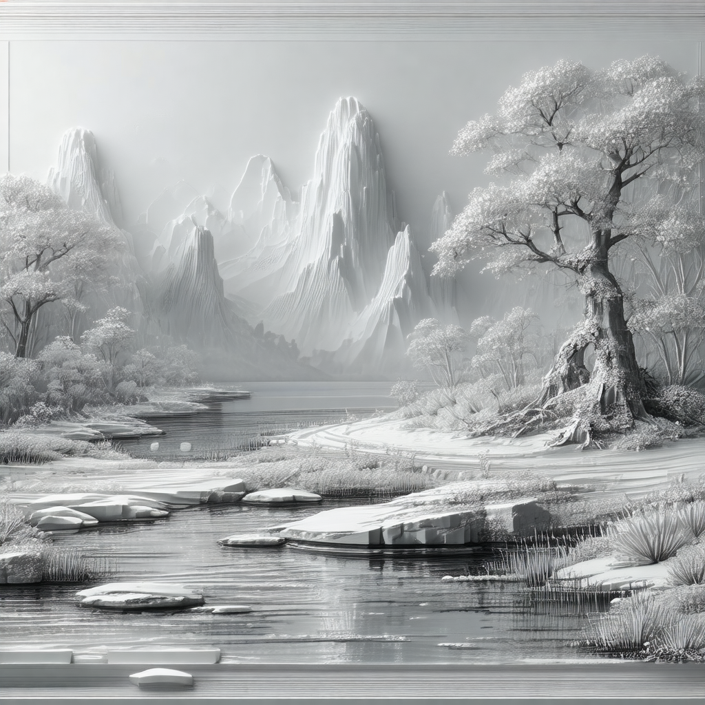 Painting of a mountainous landscape with a river flowing ...