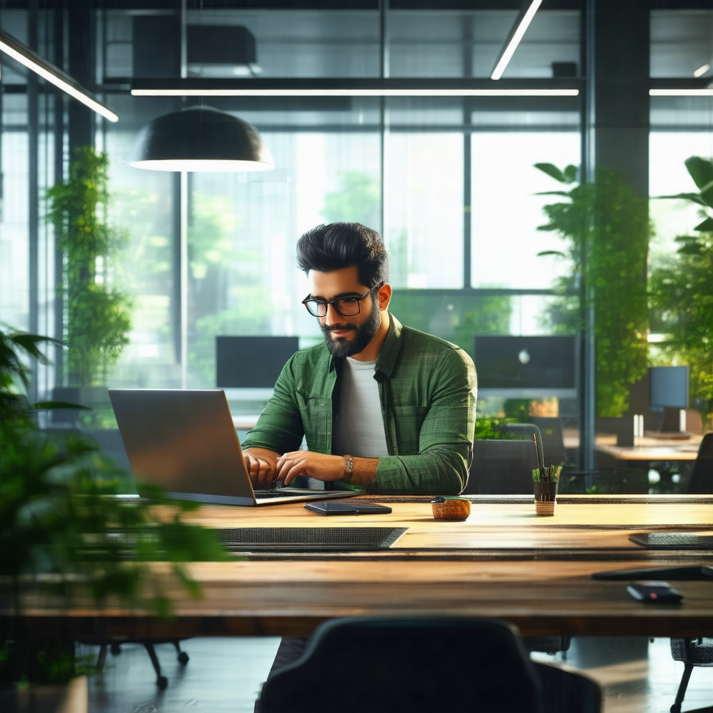 Man sitting at a desk in a modern office setting