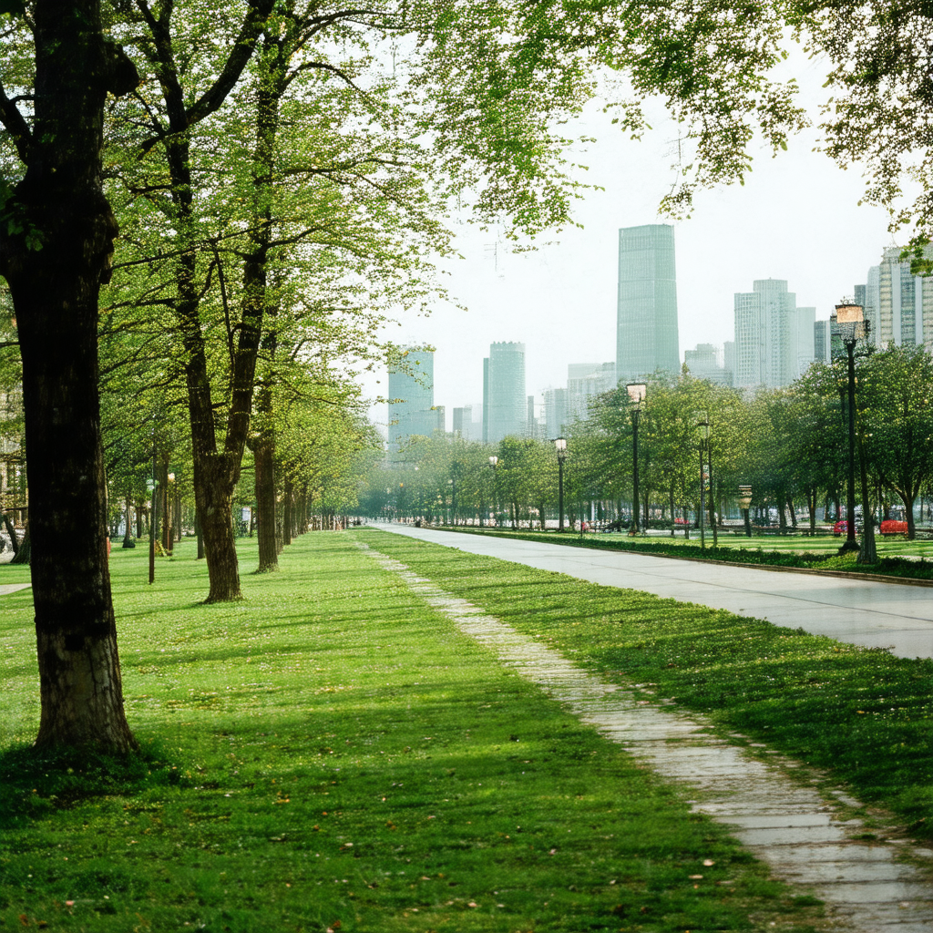Large city park with a tree-lined pathway