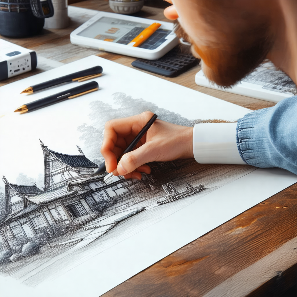 Man sitting at a table, drawing a picture of a house