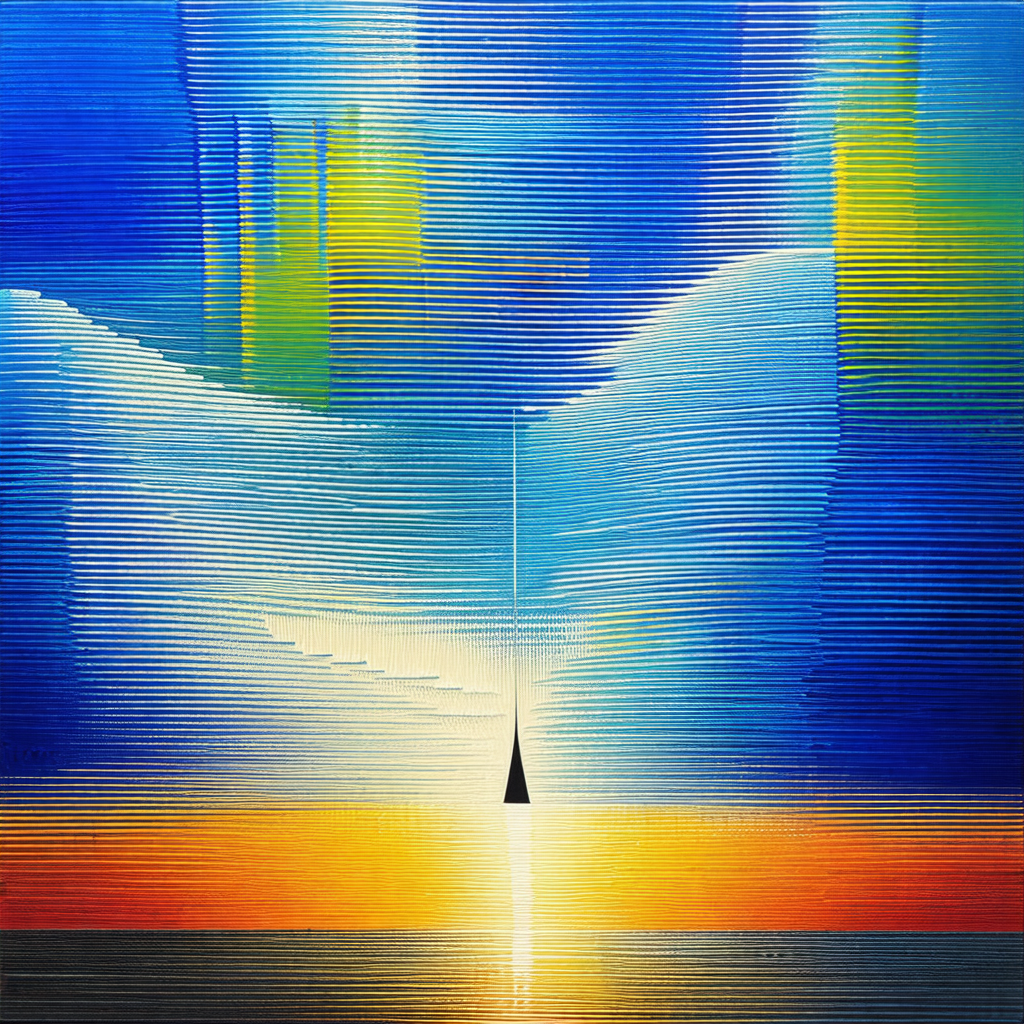 Painting of a sunset with a boat sailing on the water