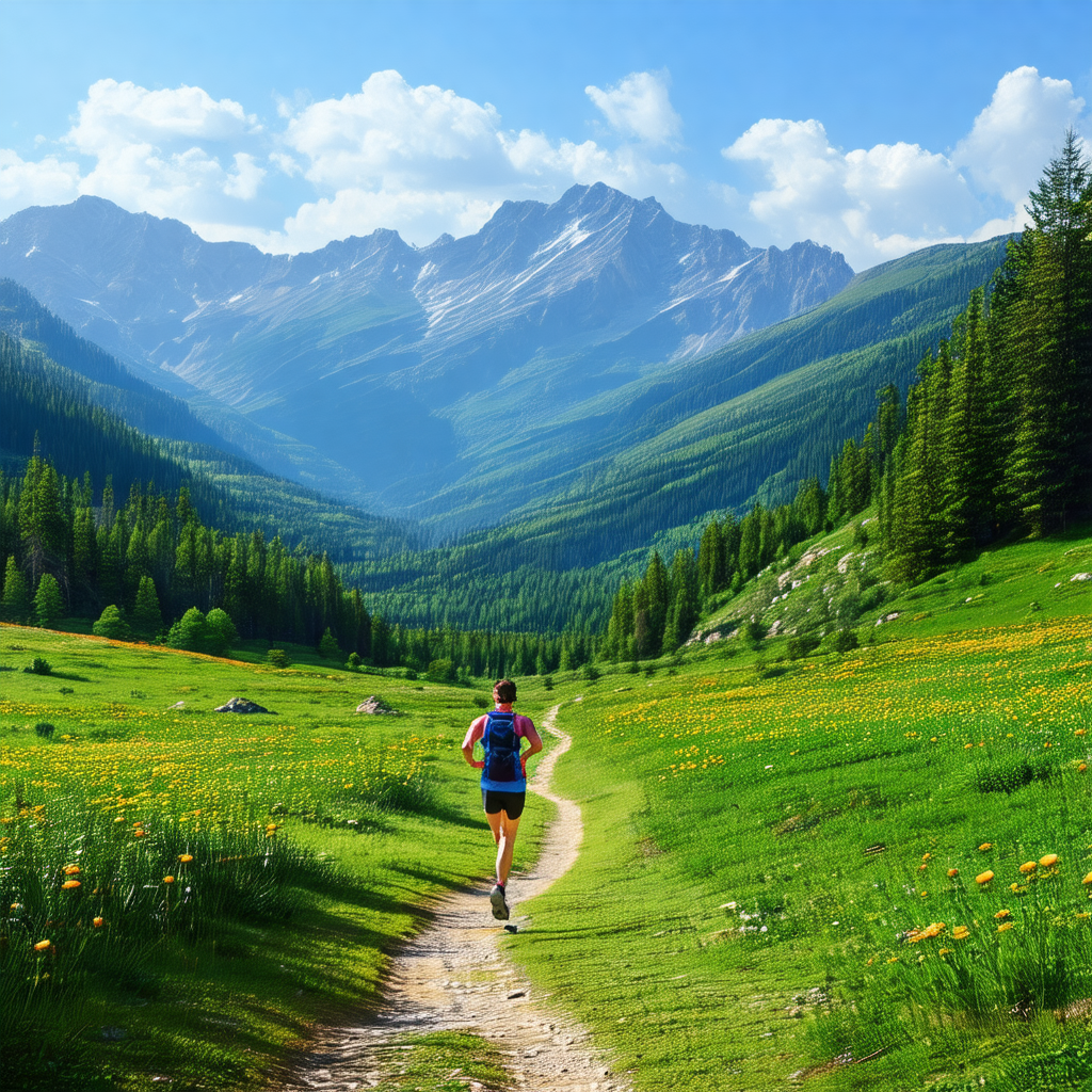 Man running through a beautiful, grassy field with mounta...