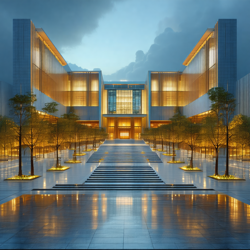 Large, modern building with a long, curved walkway leadin...