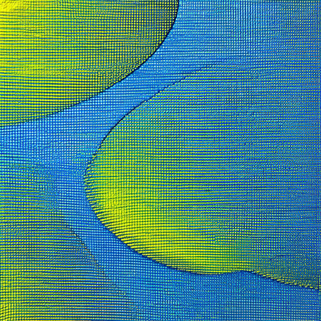 Blue and yellow painting of a boat