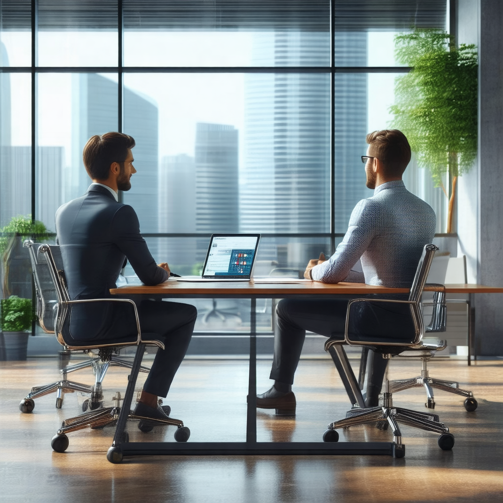 Two men sitting at a conference table in a modern office ...