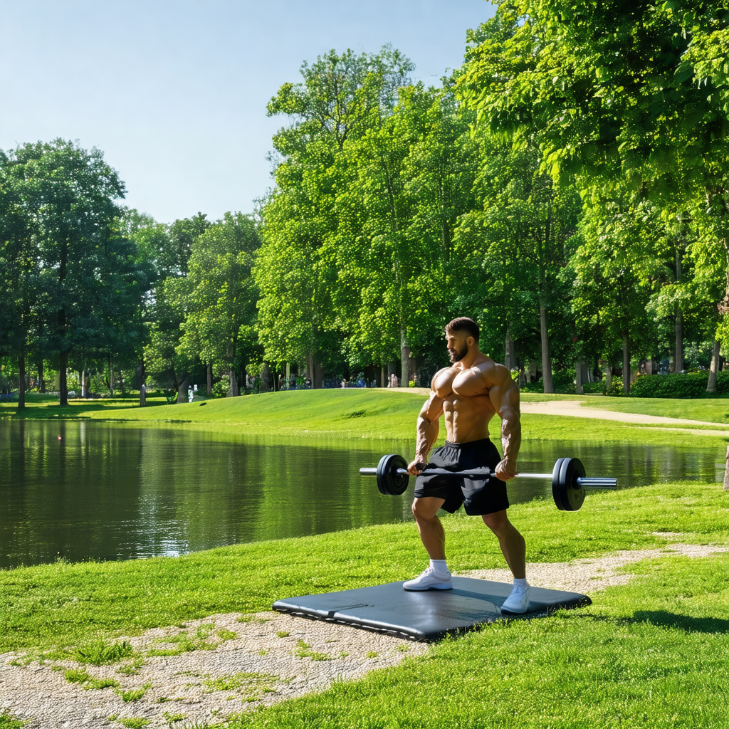 Man in a park, performing a workout on a black mat
