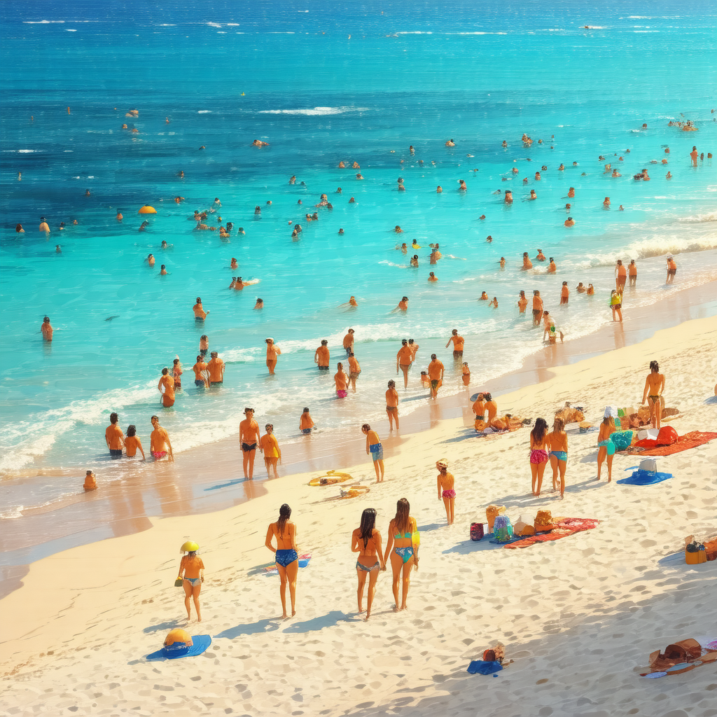 Lively beach scene with a large crowd of people enjoying ...