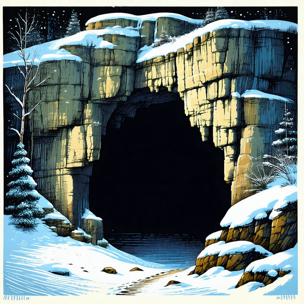 Black and white drawing of a cave entrance, surrounded by...