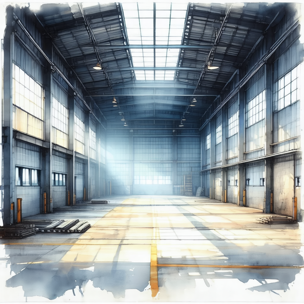 Painting of a large, empty warehouse with a high ceiling