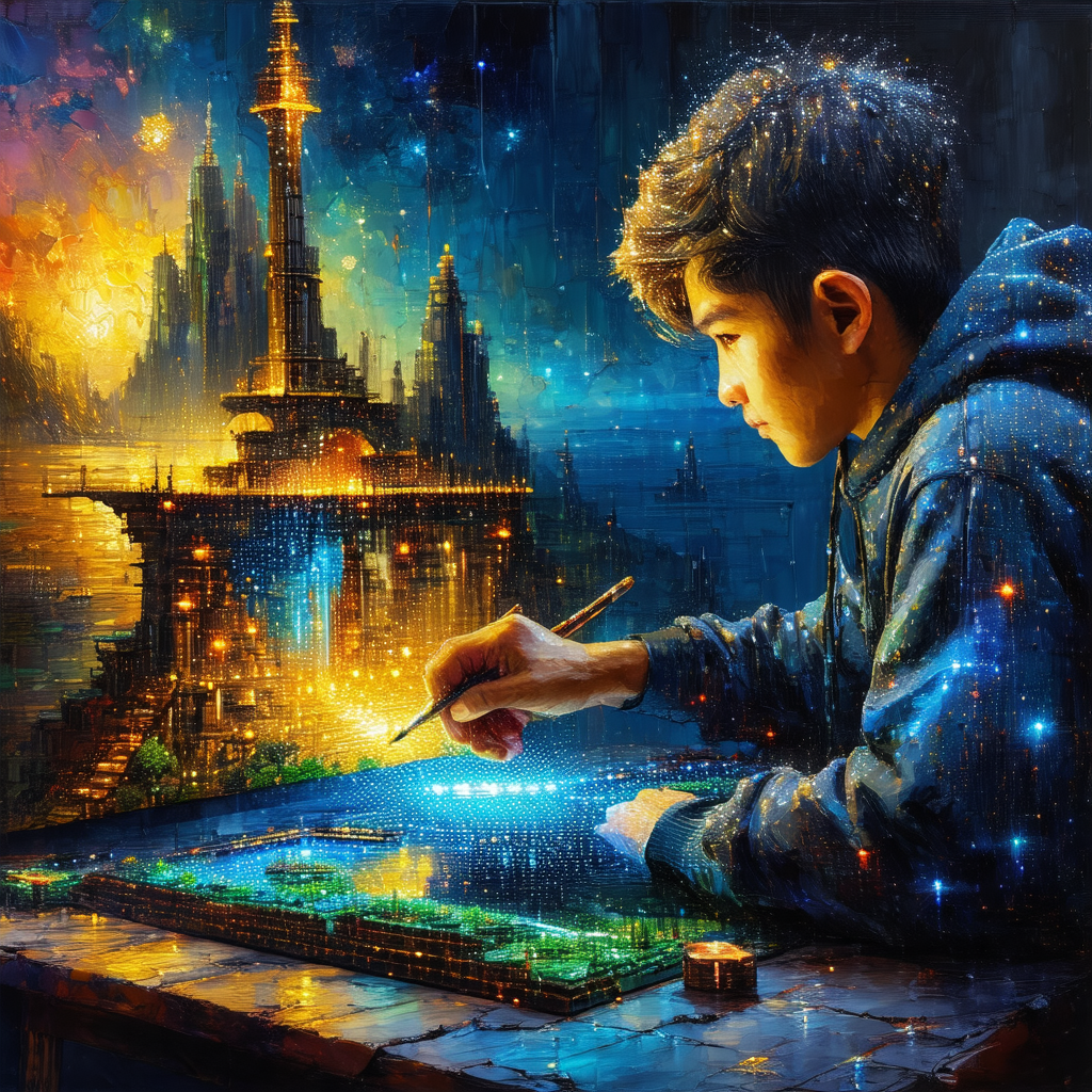 Young man sitting at a table, working on a painting