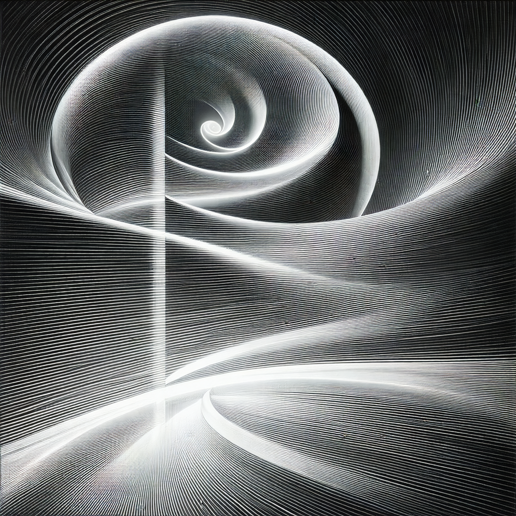 Black and white photograph of a spiral design