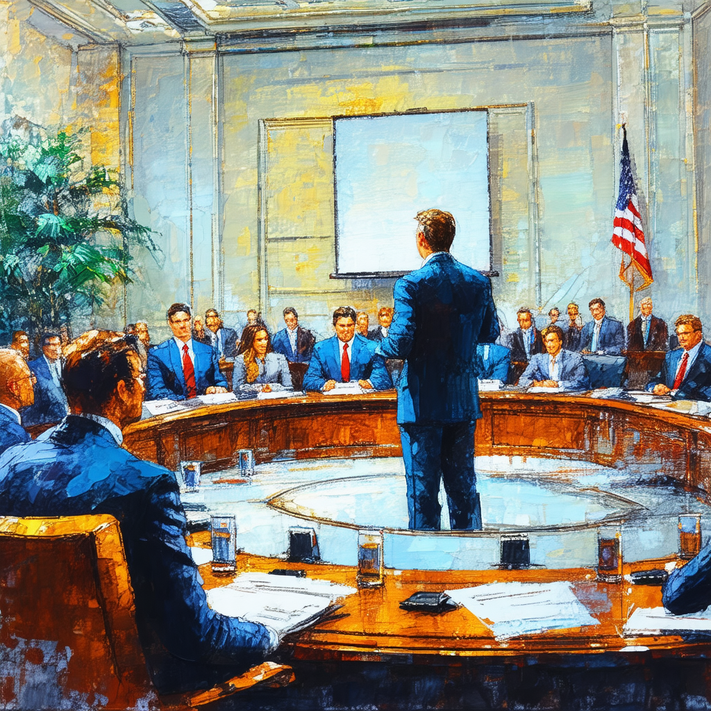 Man standing in the center of a large conference room, gi...