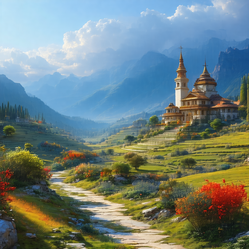Picturesque scene of a small village nestled in a valley ...