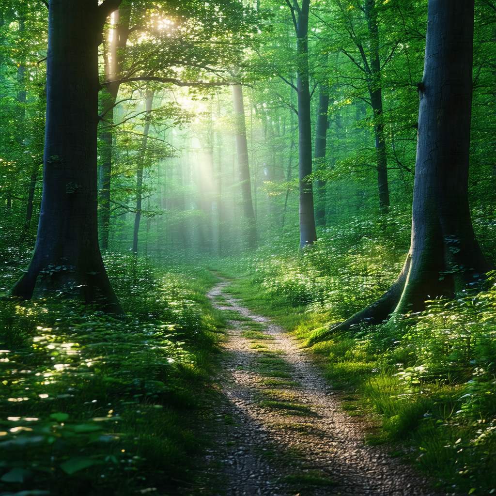 Serene forest scene with a dirt path running through it