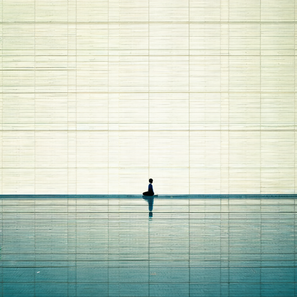 Person sitting in a reflective pool of water, possibly a ...