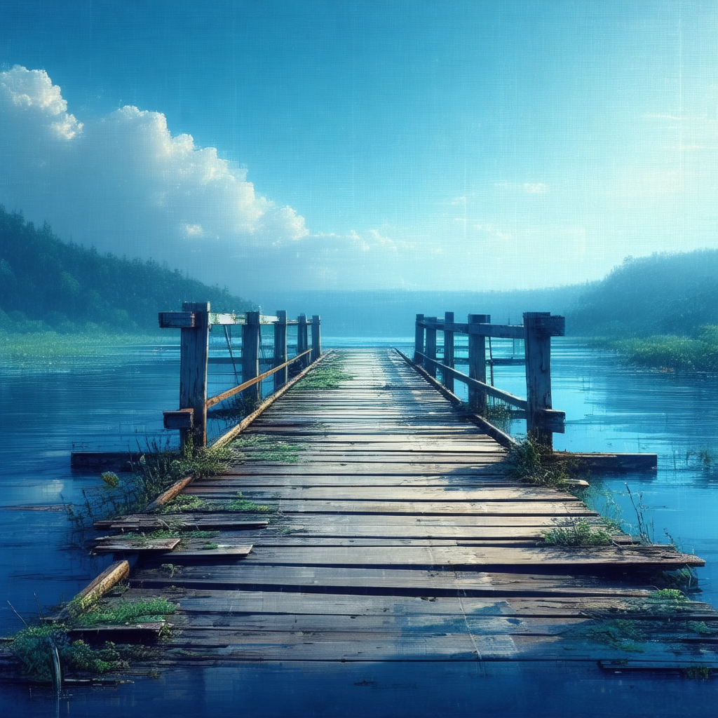 Wooden bridge that spans across a body of water, possibly...