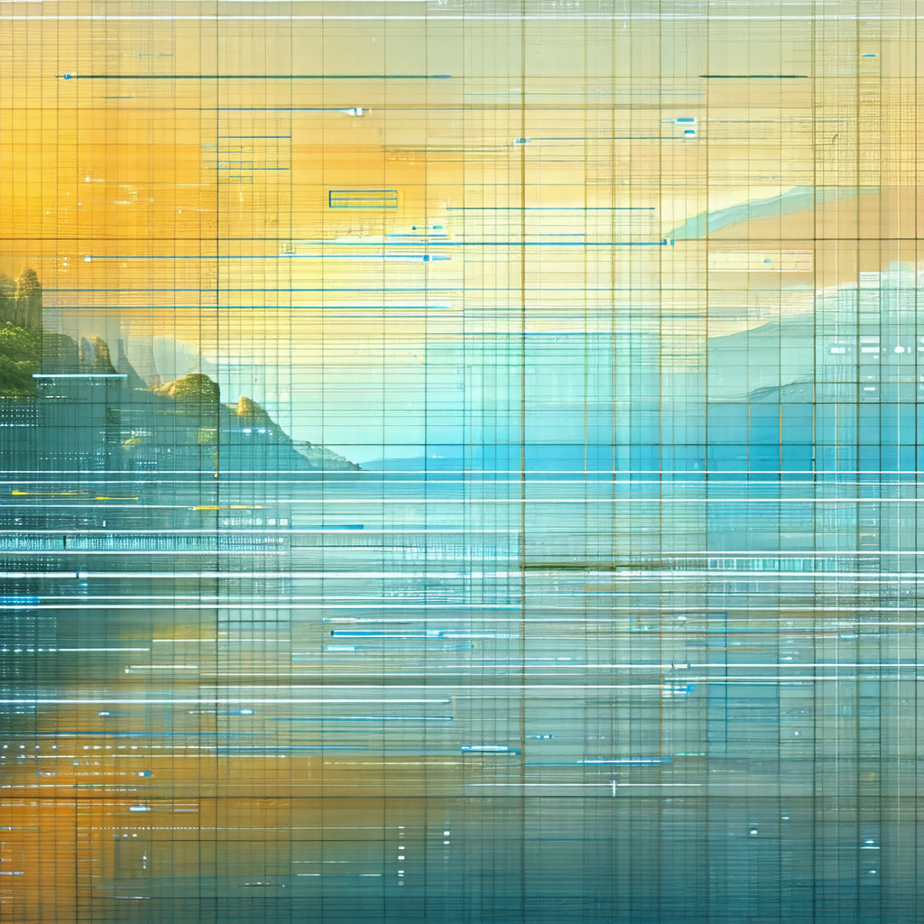 Painting of a beautiful landscape featuring a large body ...