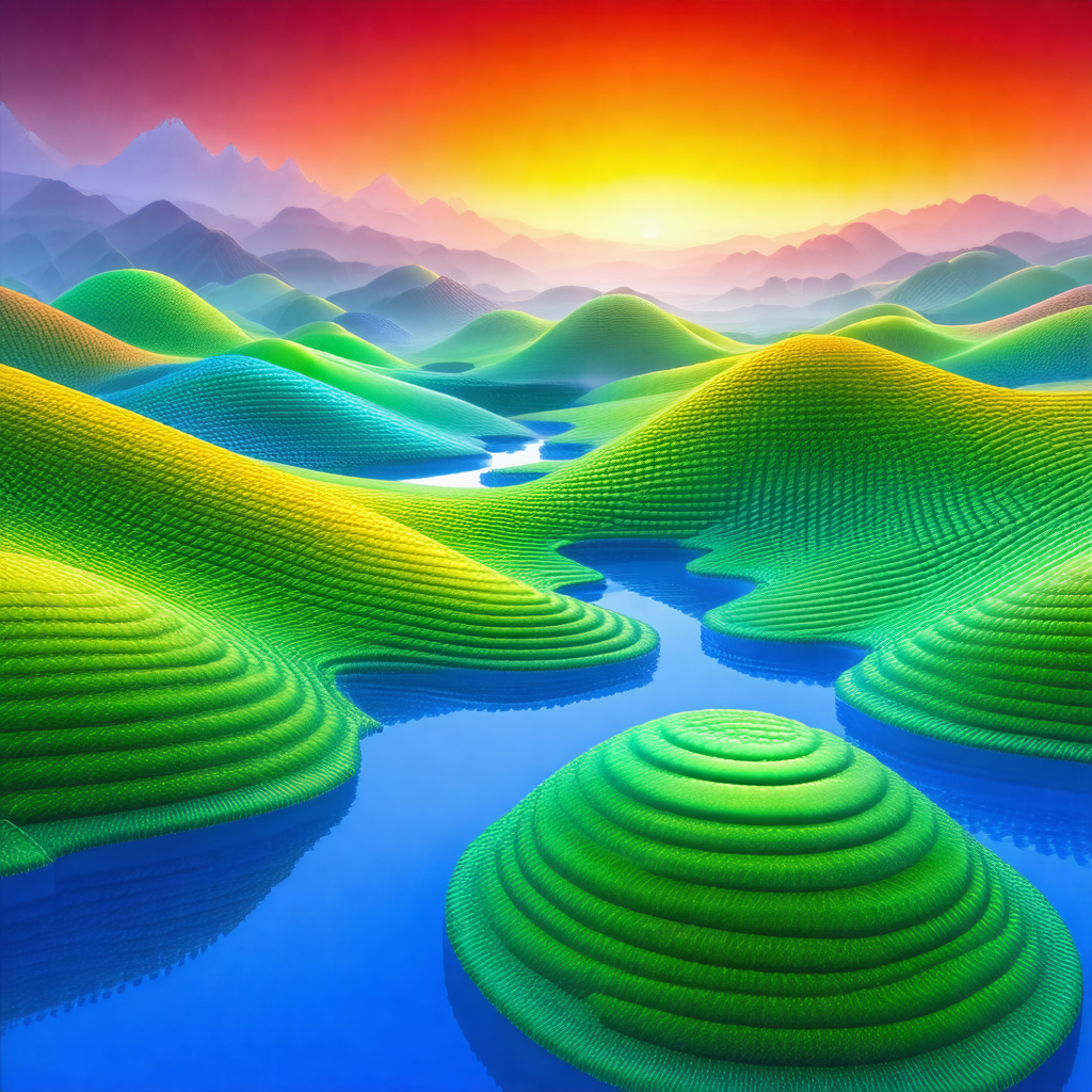 Colorful, computer-generated landscape featuring a large ...