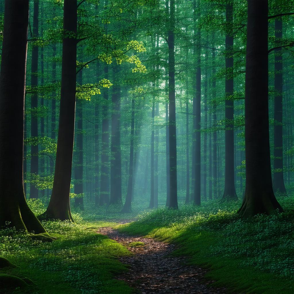 Serene forest scene with a pathway leading through the woods