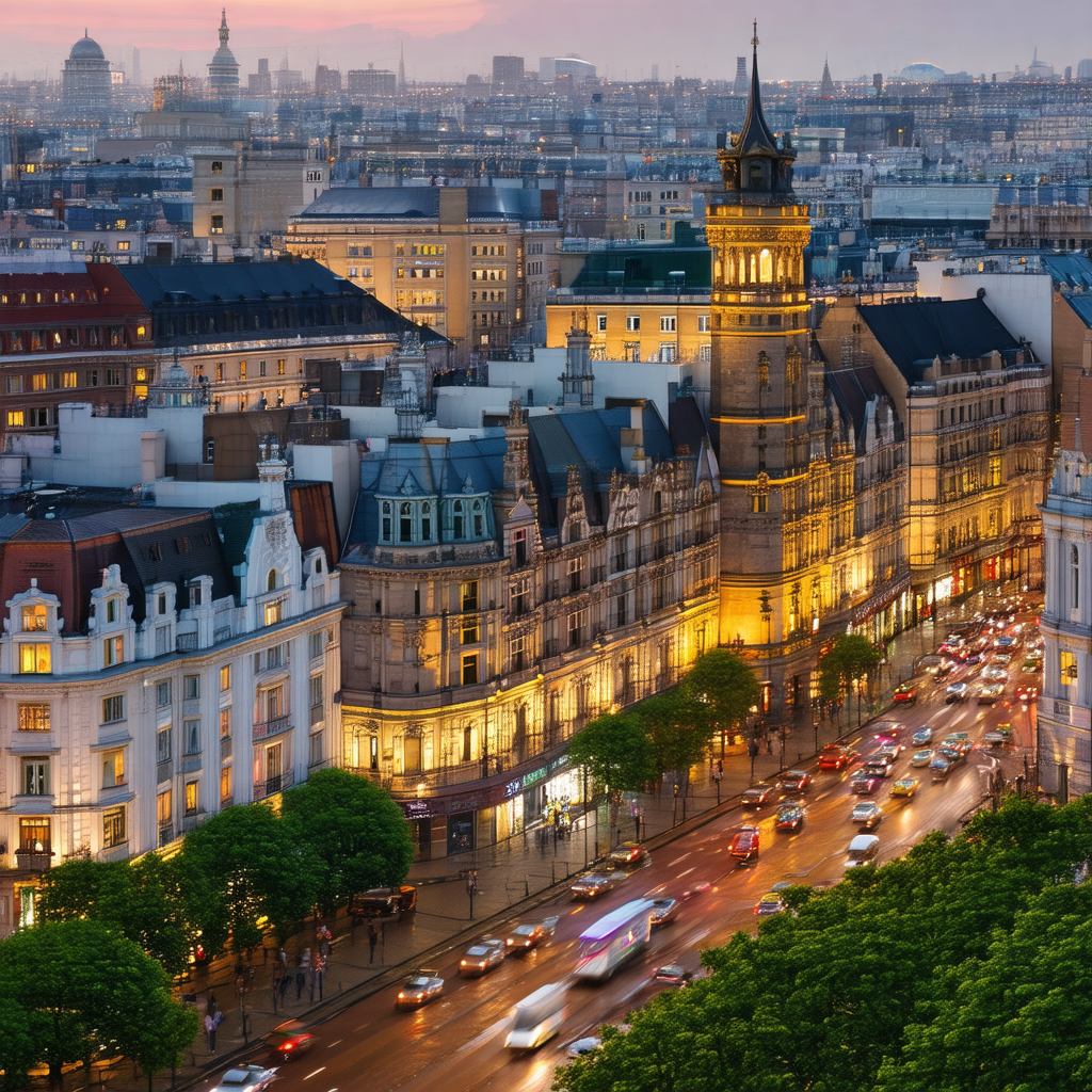 Bustling city street at night, filled with traffic and pe...