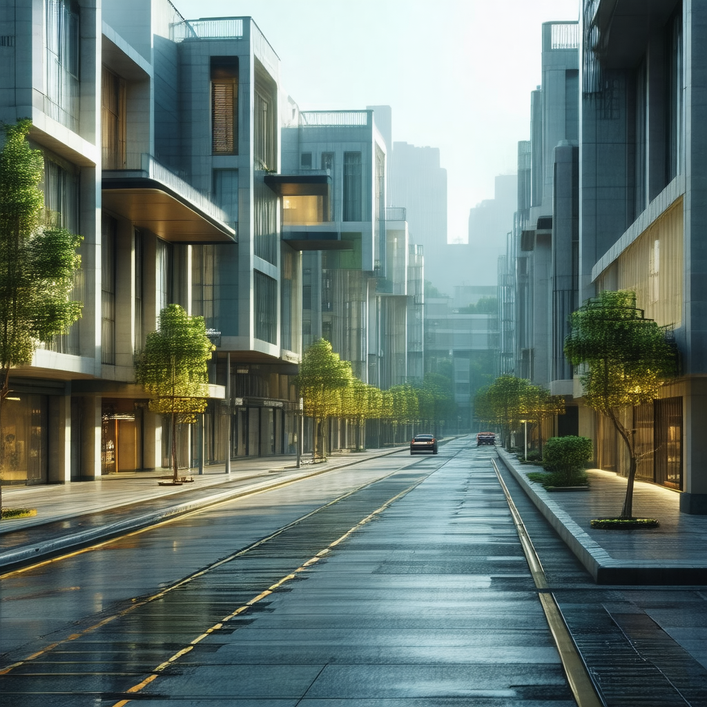 City street with a row of tall buildings on one side and ...