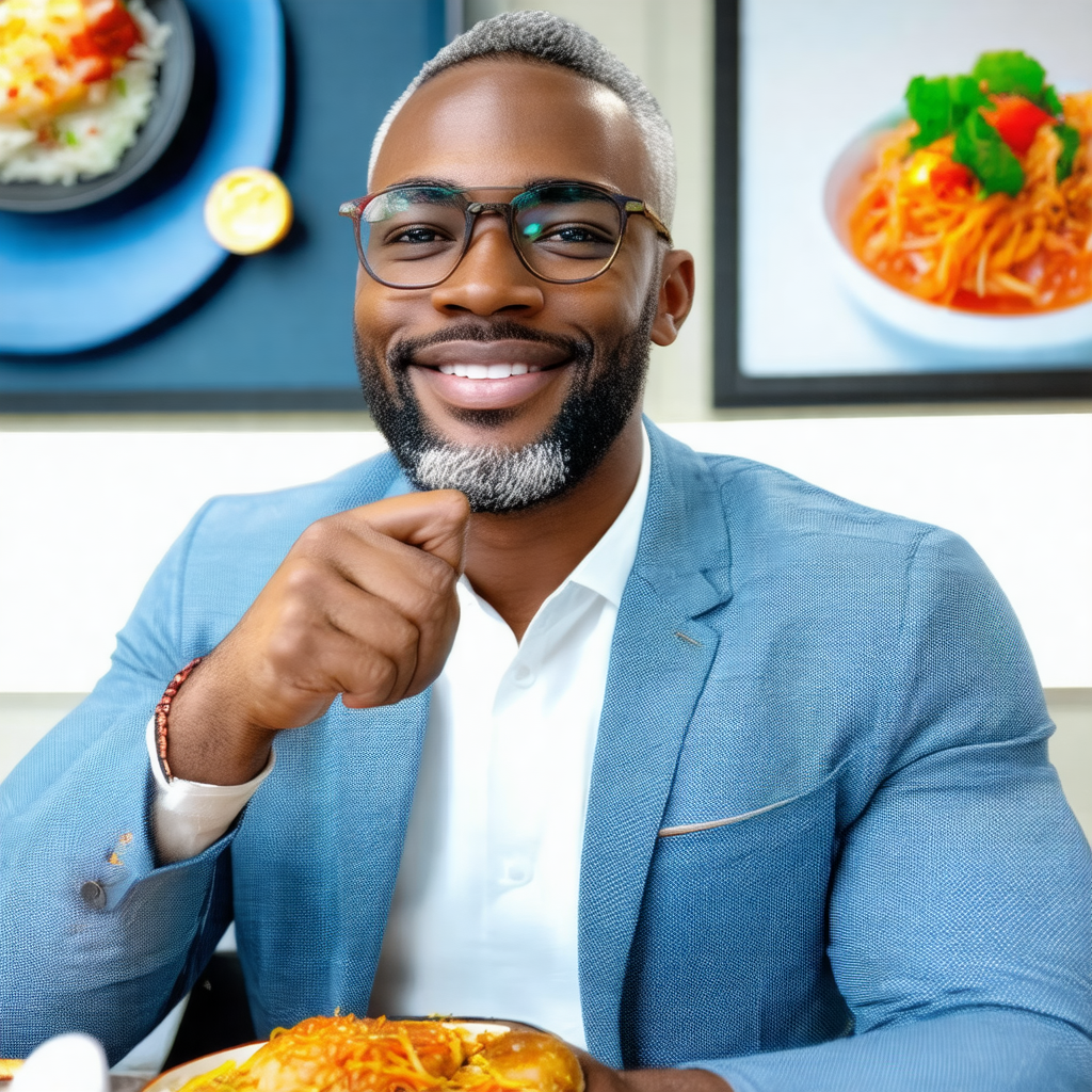 Man wearing a suit and tie, sitting at a dining table and...