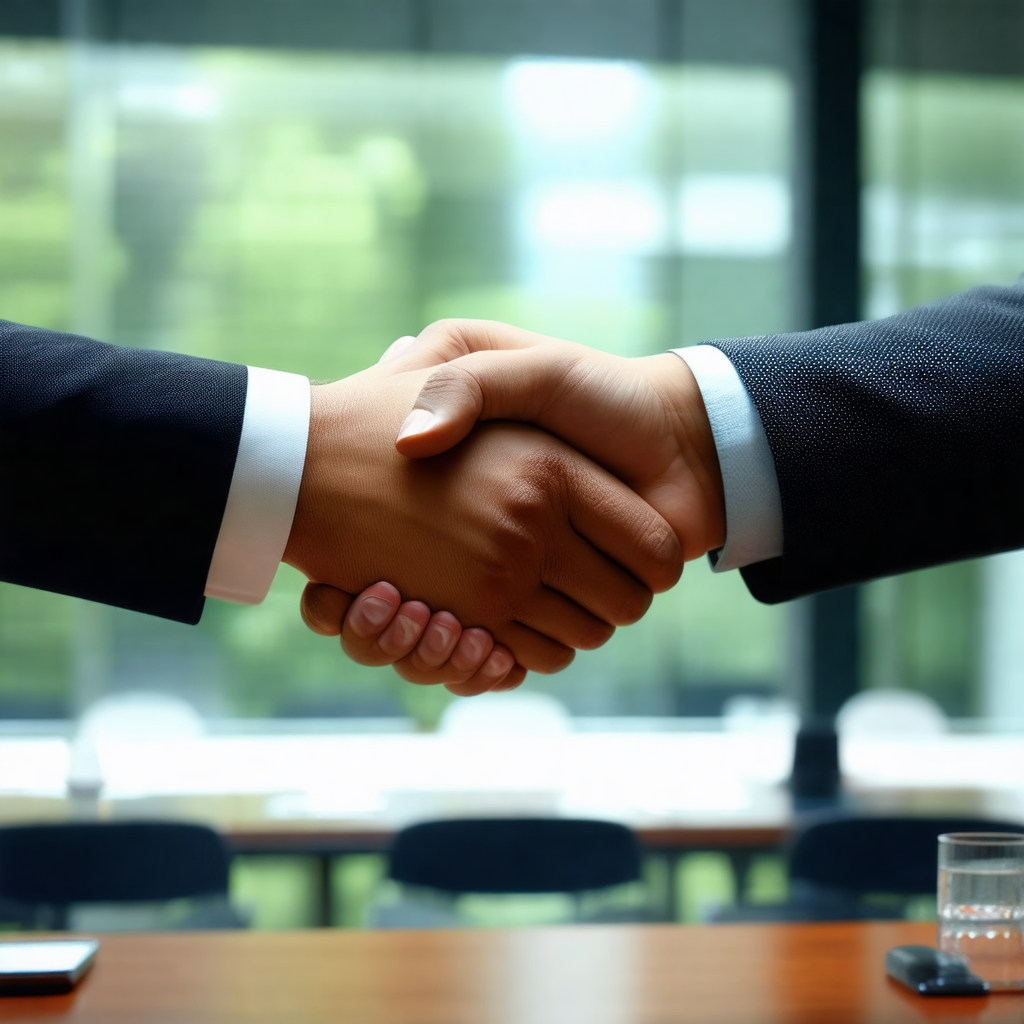 Two men shaking hands in a professional setting