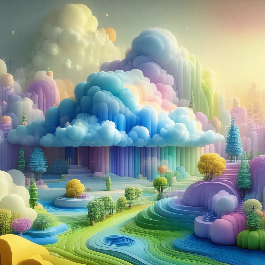 Colorful and imaginative landscape featuring a large, mul...