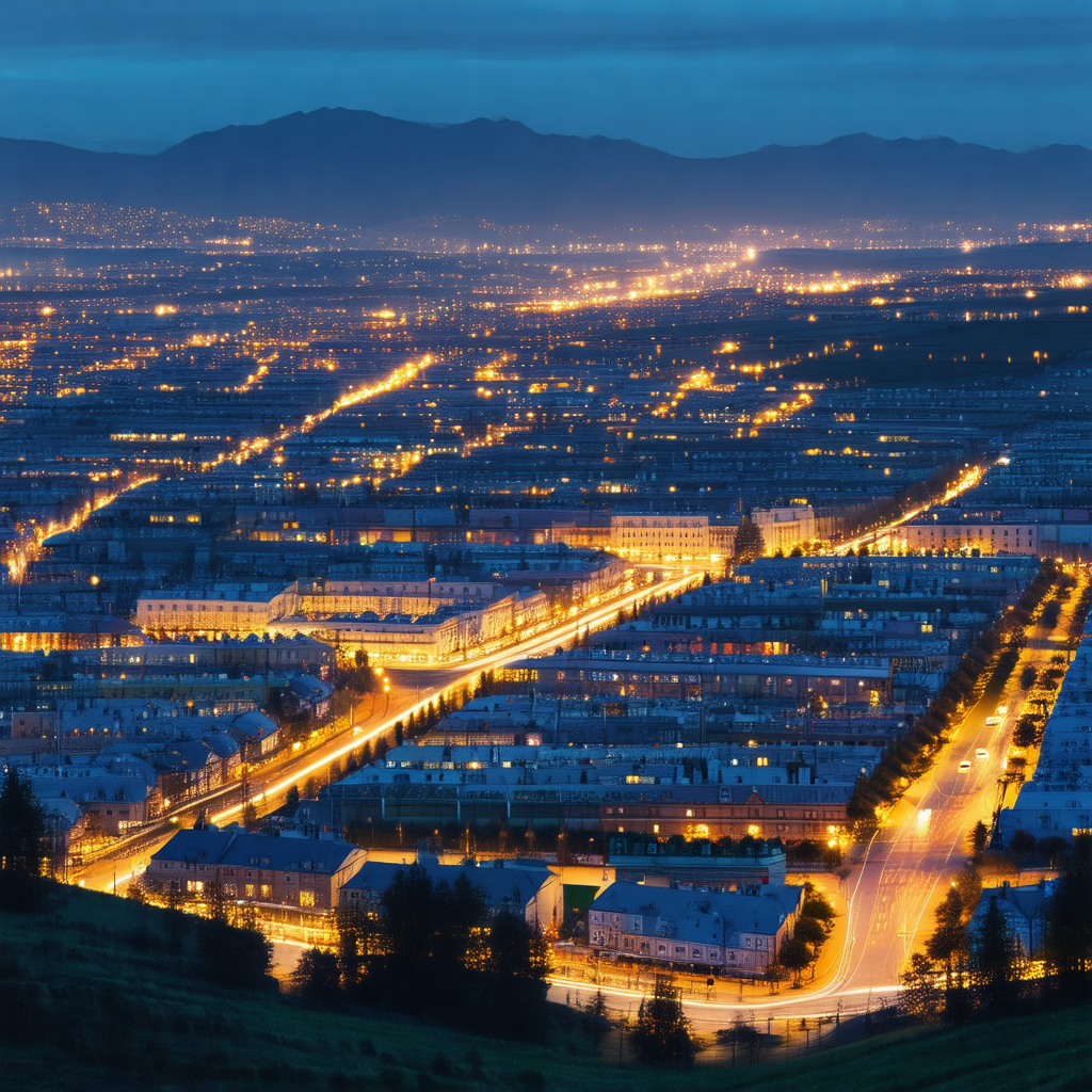 Nighttime view of a city, with a large number of lights i...