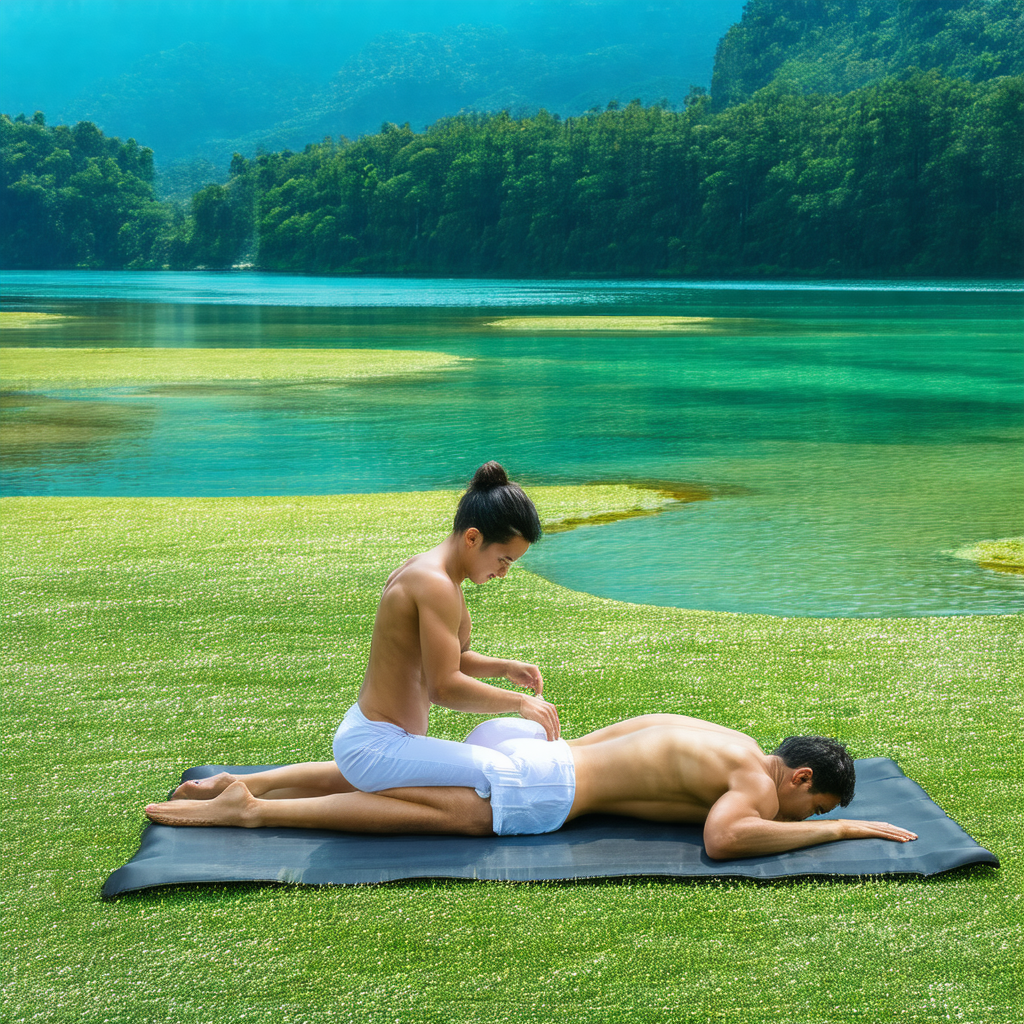 Man lying on a mat on the grass, receiving a massage from...