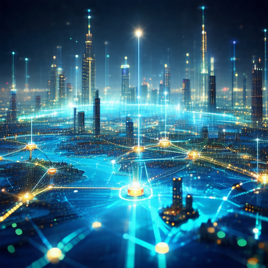 Futuristic cityscape with a large number of buildings and...