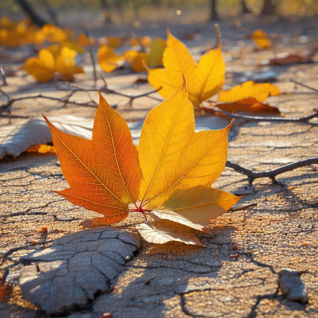 Dry, cracked ground with a few yellow leaves scattered th...