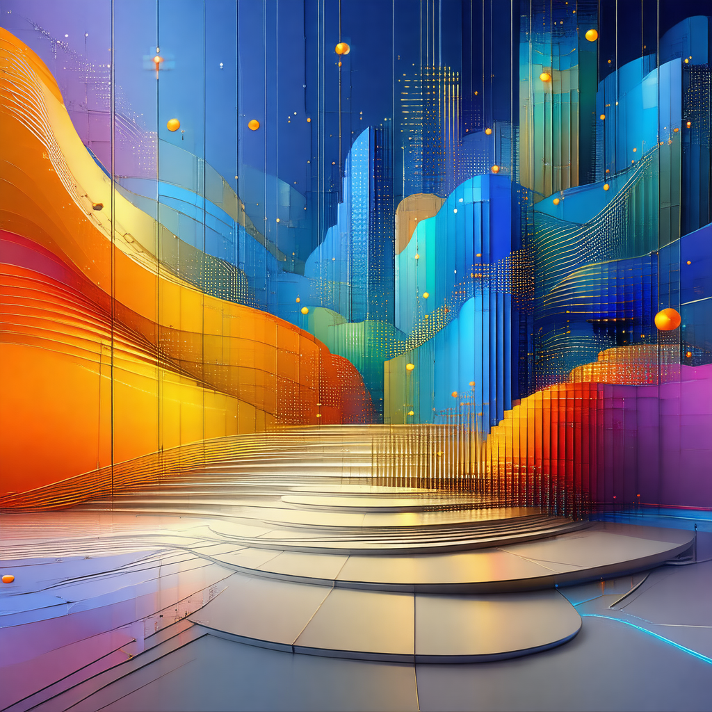 Colorful painting of a cityscape, featuring a large build...