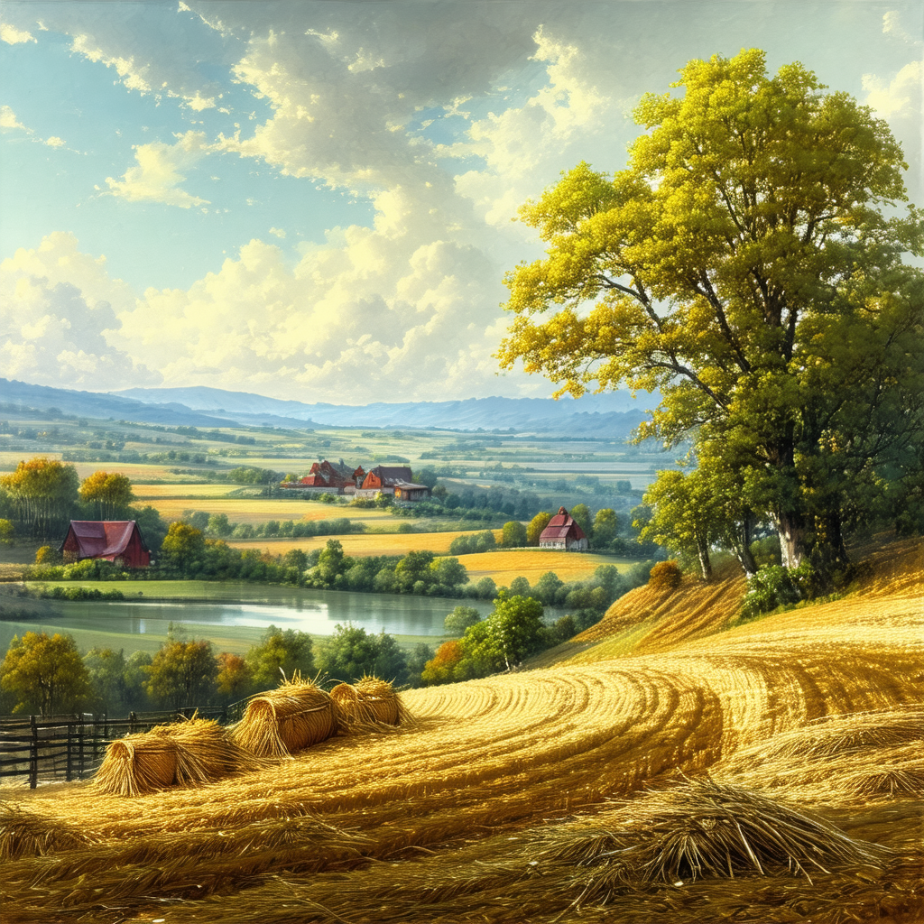 Picturesque countryside scene with a large field of hay a...