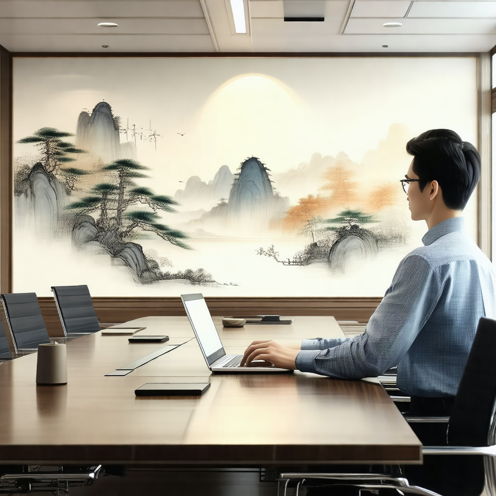 Man sitting at a wooden desk in a room with a large paint...