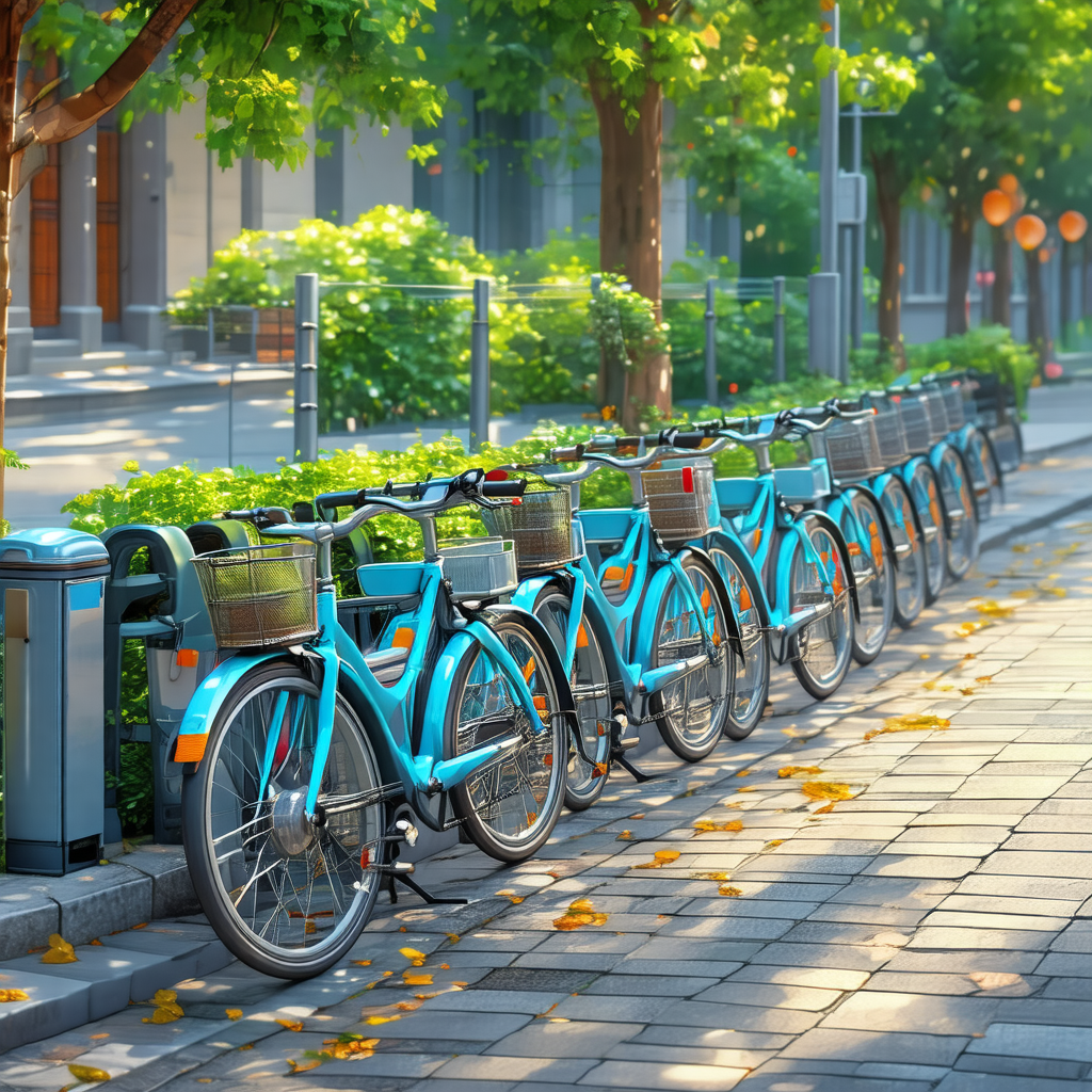 Row of blue bicycles parked along a sidewalk