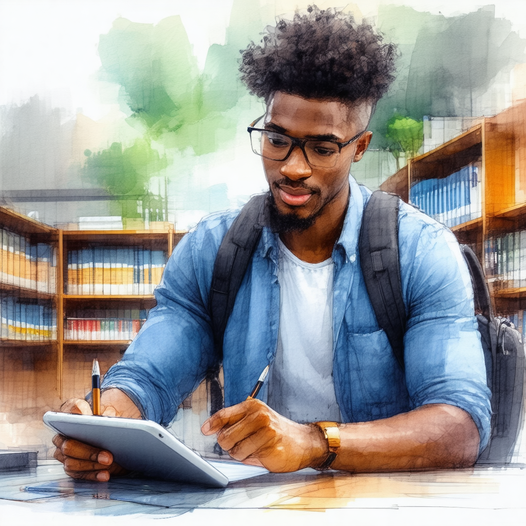 Man wearing glasses, sitting at a table and working on a ...