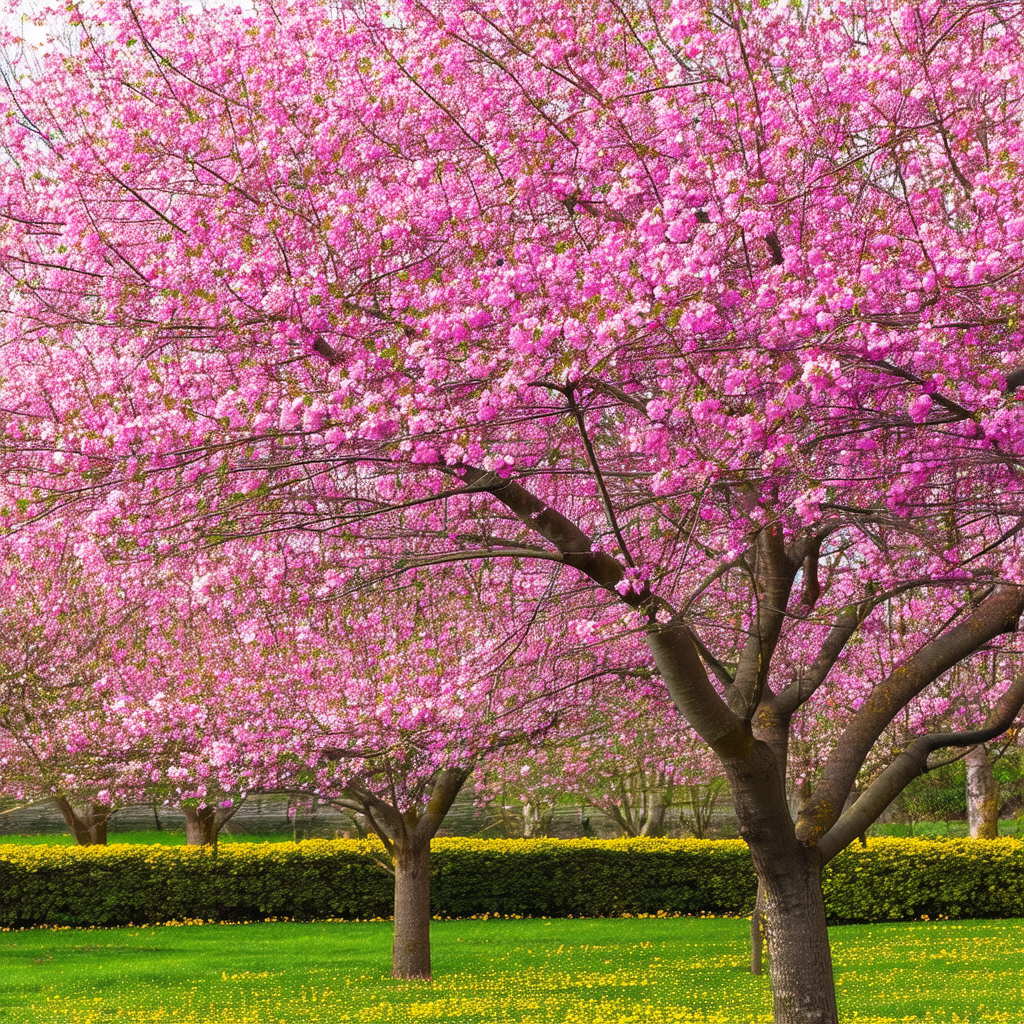 Beautiful park with a row of pink trees in full bloom