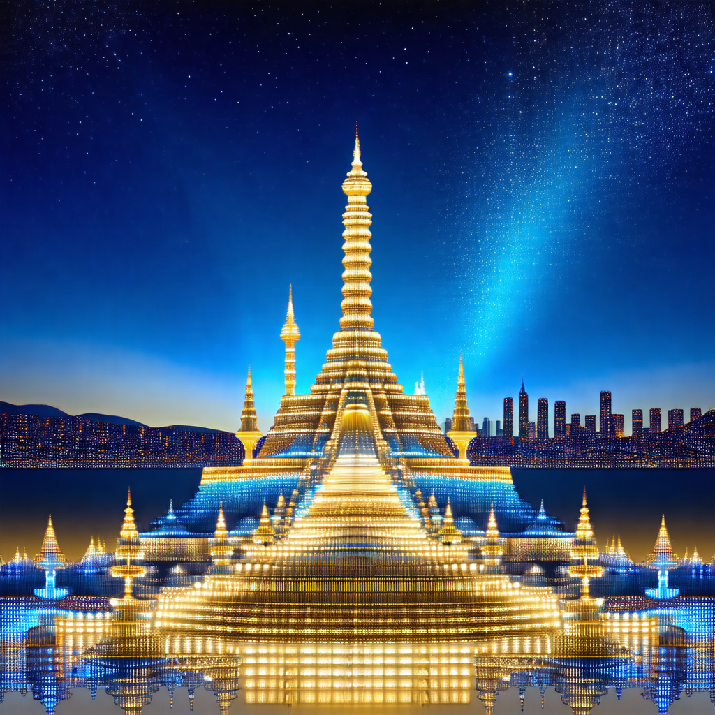 Large, tall building with a golden spire, towering over a...