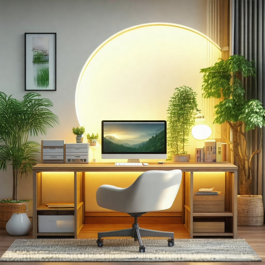 Modern and well-lit living room with a desk and a chair