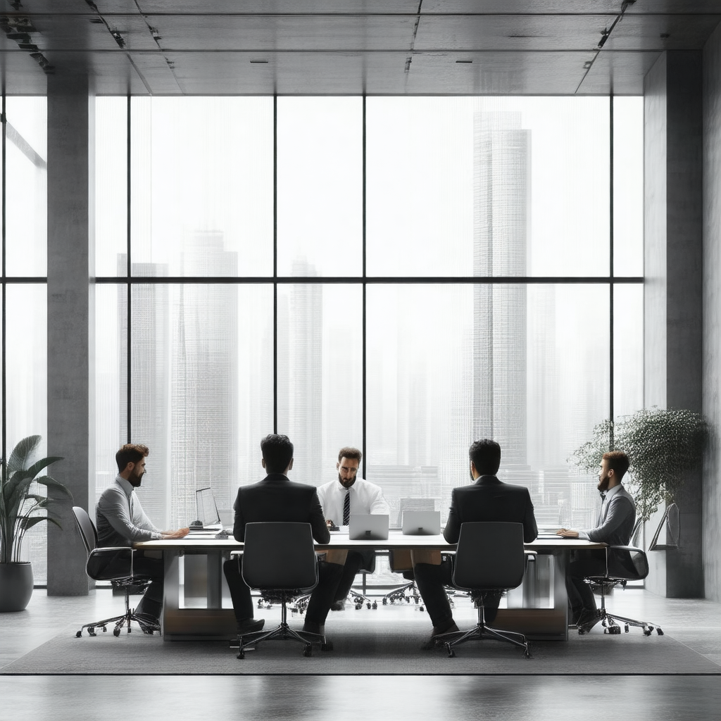 Group of businessmen sitting around a conference table in...
