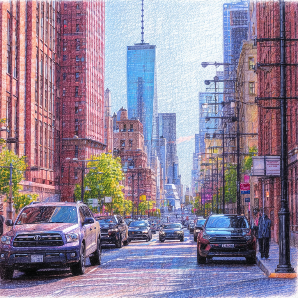 Painting of a city street with a large building in the ba...