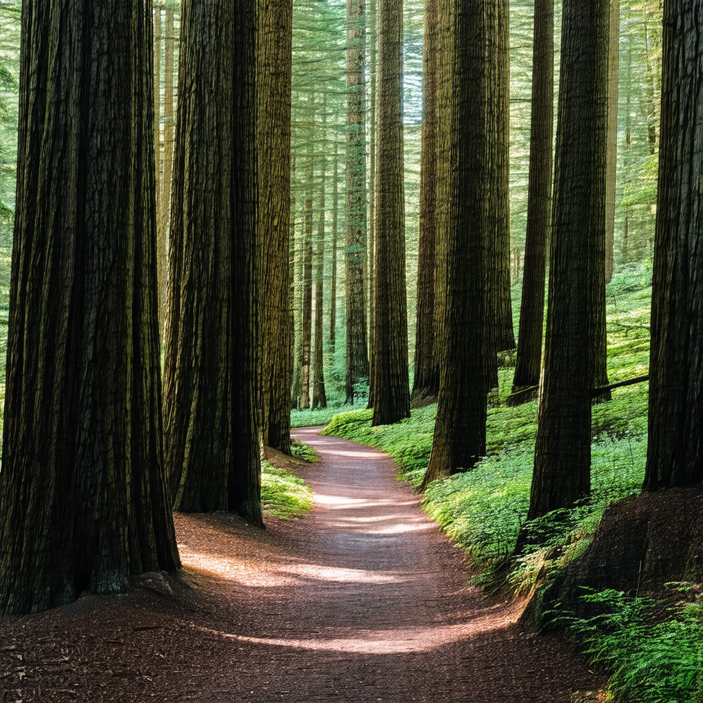 Serene forest scene with a dirt path surrounded by tall t...