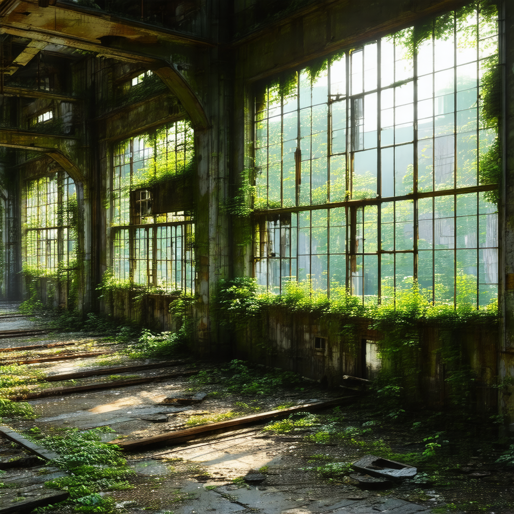 Large, abandoned building with a train track running thro...