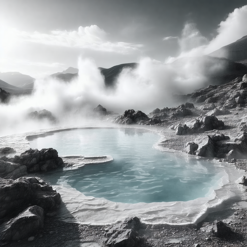 Large, dark pool of water surrounded by rocks and mountains